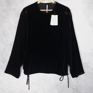 Theory Top Womens Small Black Velvet Slit Pullover Drawstring Hem Blouse Party